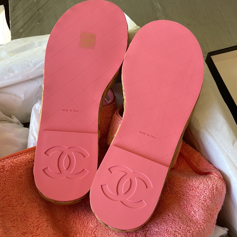 Chanel pink coral terry thong sandal flats woven braided raffia sz 39 - Picture 7 of 11